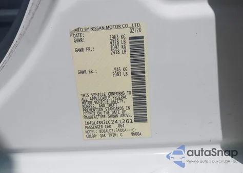 2020 Nissan Altima S Fwd z USA, uszkodzony, nr VIN 1N4BL4BV2LC241261